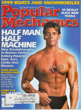 Title 'Popular Mechanics' in red with embossed border, almost naked man on right vertical third line with hand on his briefs