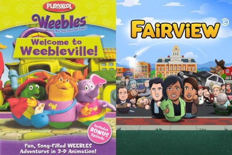 Weebles and Fairview covers. Each has three characters in front with rounded bottoms in front, town hall in back, and other scenery in between.